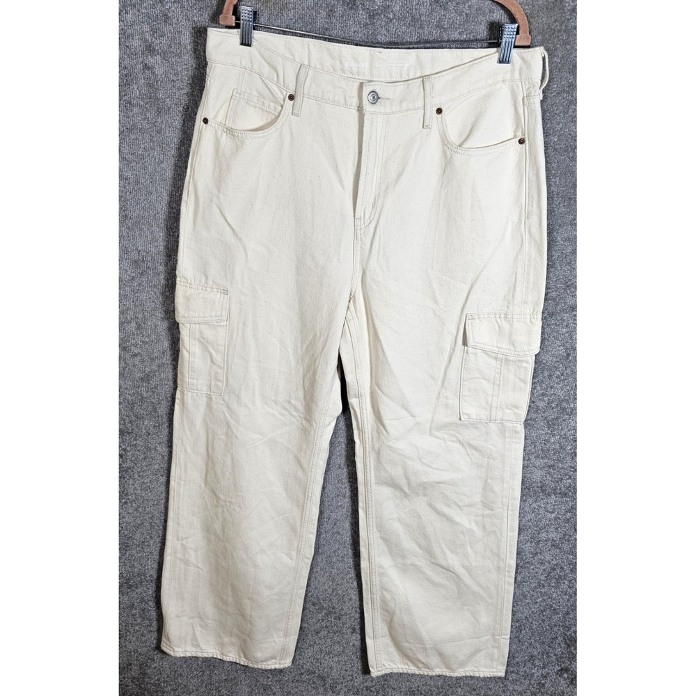 Old Navy Extra High Rise Sky Hi Wide Leg Drapey Cargo Jeans Womens Size 14 Ecru